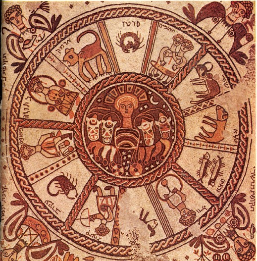 A Bét Alfa-i zsinagóga mozaikpadlójának középső eleme: a zodiákus