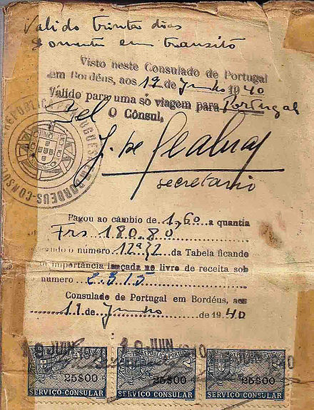  Egy 1940. június 19-én általa kiállított, életmentő vízum