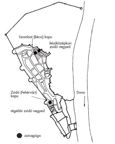 A középkori zsidóság elhelyezkedése és zsinagógái Budán (Zolnay László nyomán)