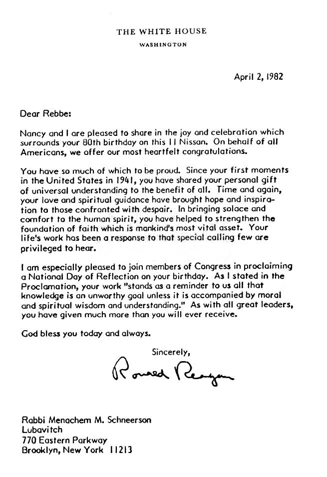 Ronald Reagen elnök születésnapi üdvözlőlevele a Rebbének